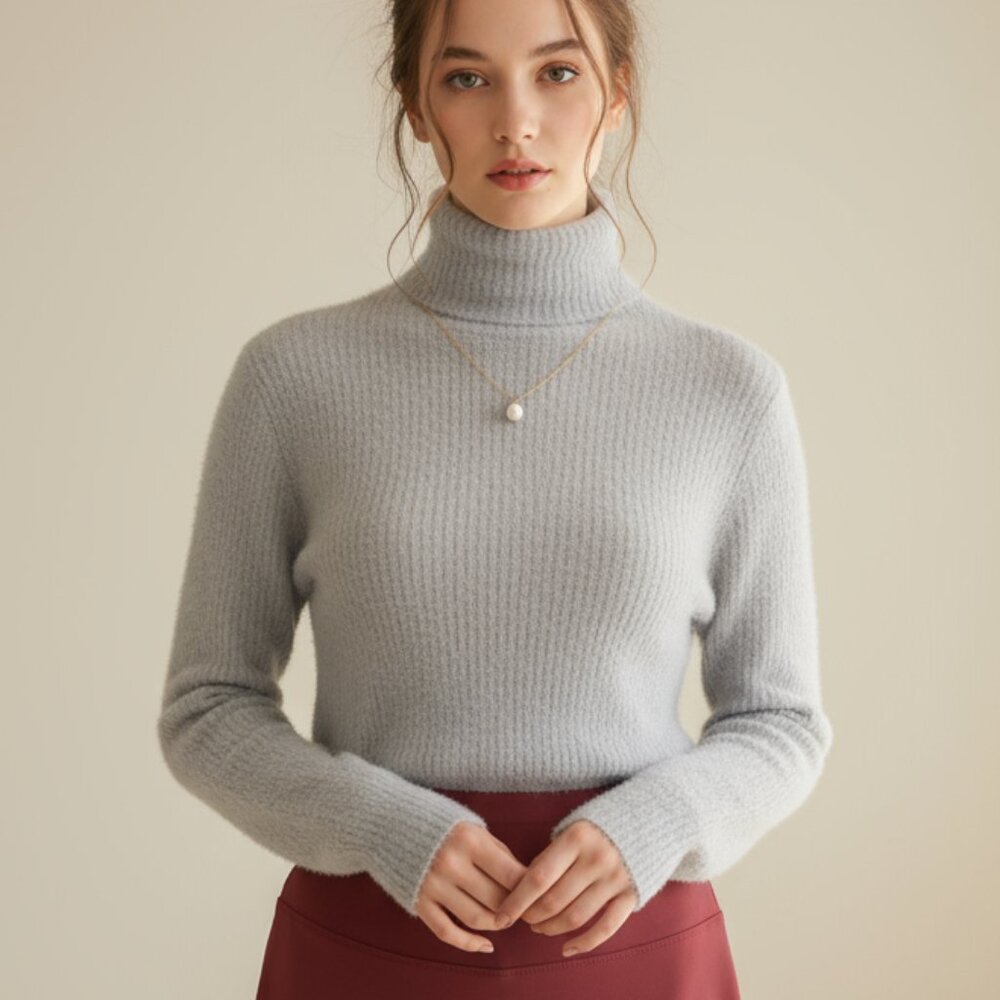 SCHRISTINA CO Turtleneck Fuzzy Fluffy Knitted Sweater long Sleeve Grey  Various